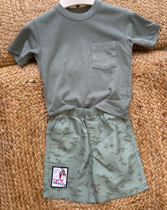 Bermuda Short Summer Set : Tropical Sage Green Palm Print + Asst Tees